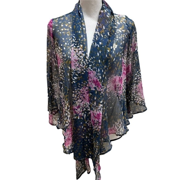 Pure Sugar 100% Silk Gray & Pink Kimono Wrap w/ Sleeves Open Front Sz XS - Picture 1 of 10